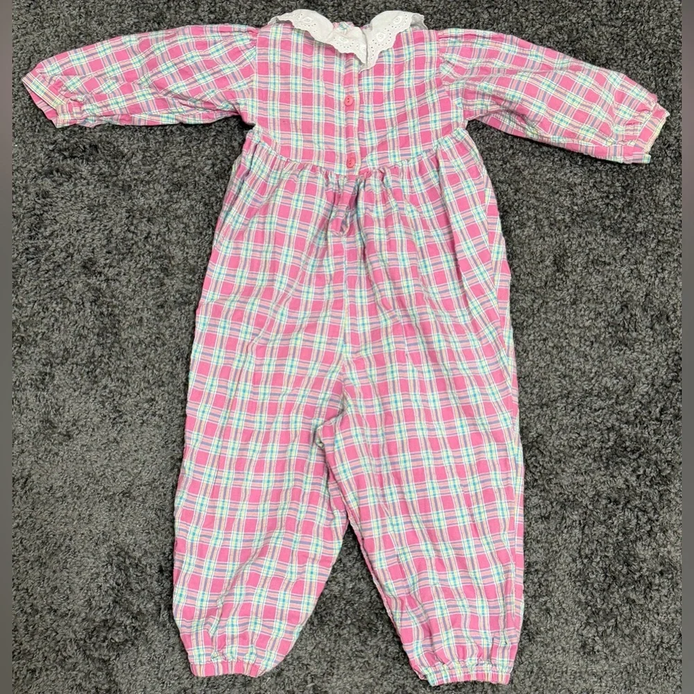 OSH KOSH Vintage Pink Plaid White Eyelet Collar Jumpsuit Bubble size 24 Months